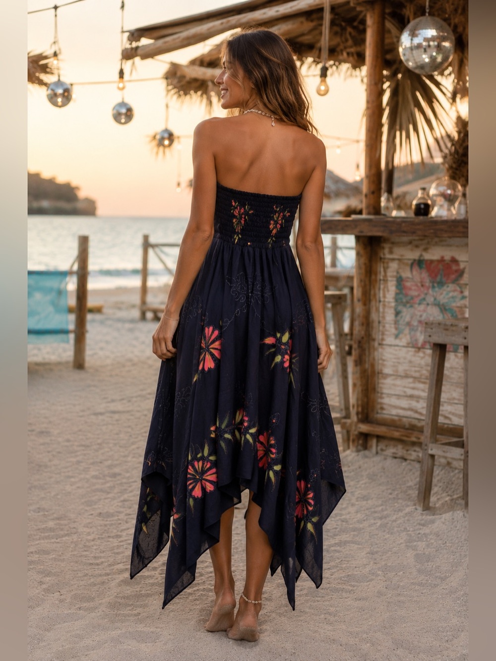 Vintage Y2K Strapless Floral Hanky Hem Maxi Dress OS Boho Cottagecore Embroidery - Picture 2 of 10